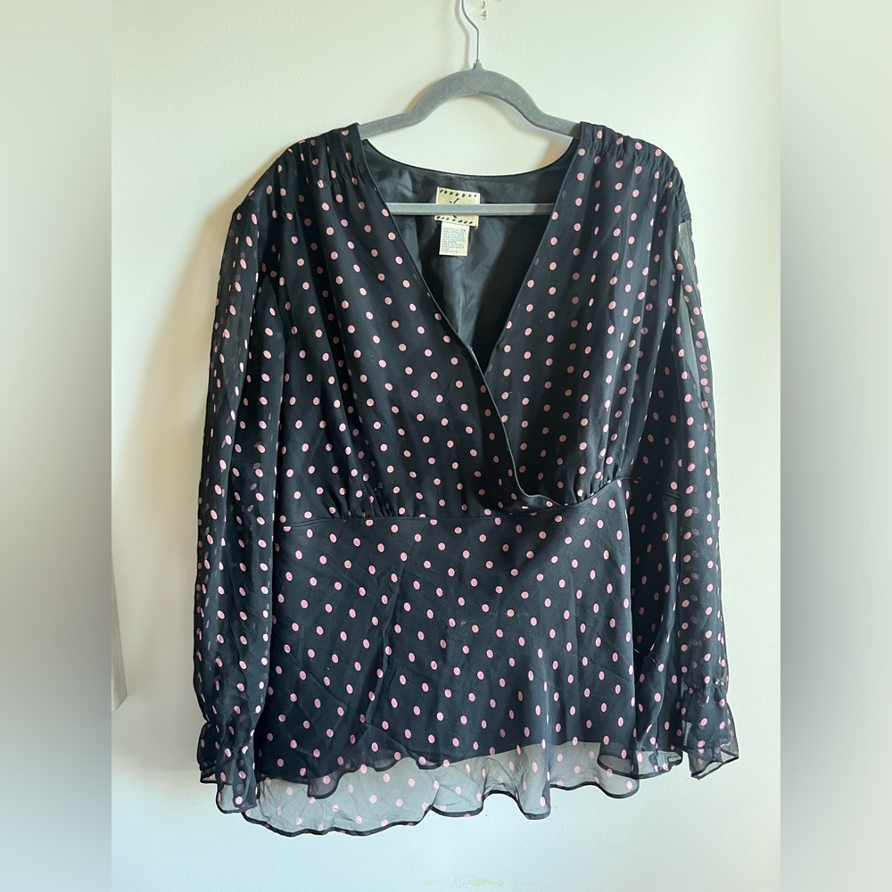 ICE Vintage 100% Silk Black Polka Dot Blouse 3X